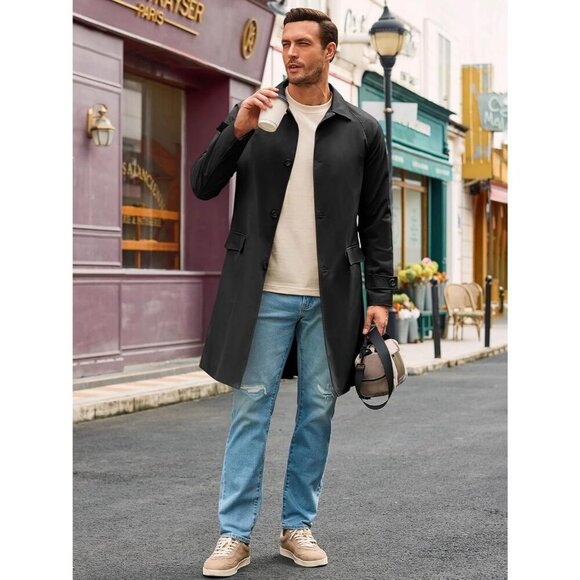 Men's Black Slim-Fit Single-Breasted Trench Coat Long Windbreaker Overcoat - Picture 4 of 5